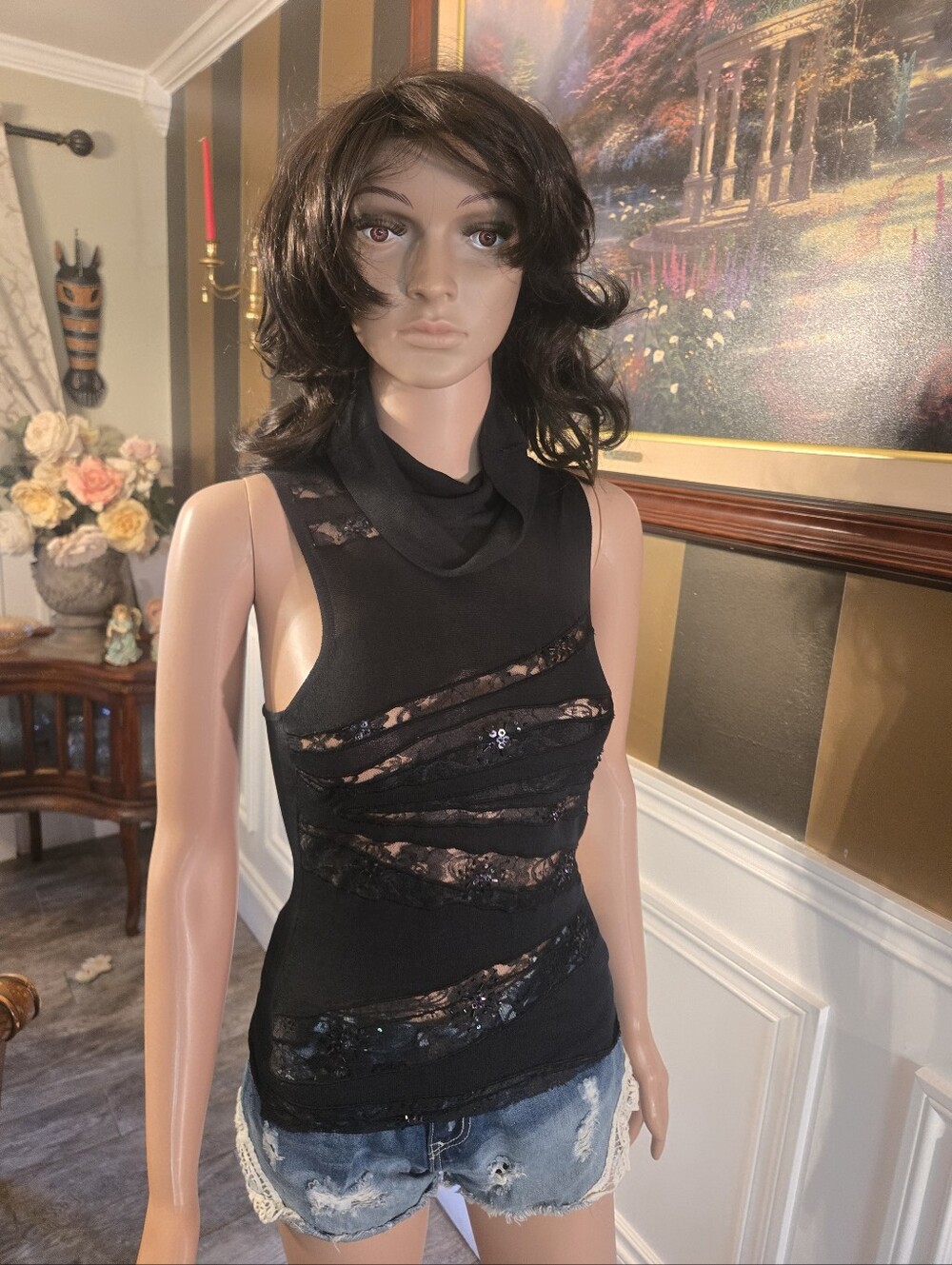 Express Black Sleeveless Lace Panel Tank
